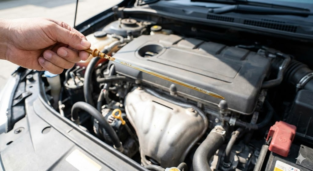 엔진오일 게이지를 체크하는 모습과 깨끗한 오일 vs 오염된 오일 비교 이미지