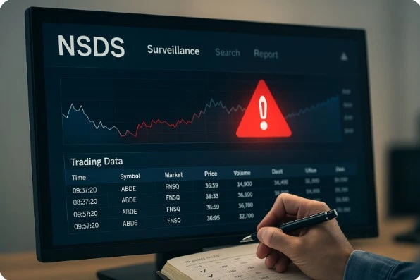 금융감독원의 거래 감시 시스템 화면에 이상 거래를 탐지한 붉은 경고 표시가 나타난 장면