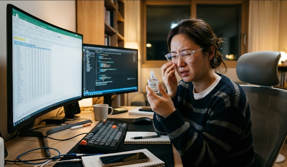 모니터를 장시간 보며 안구건조증을 느끼는 직장인의 모습