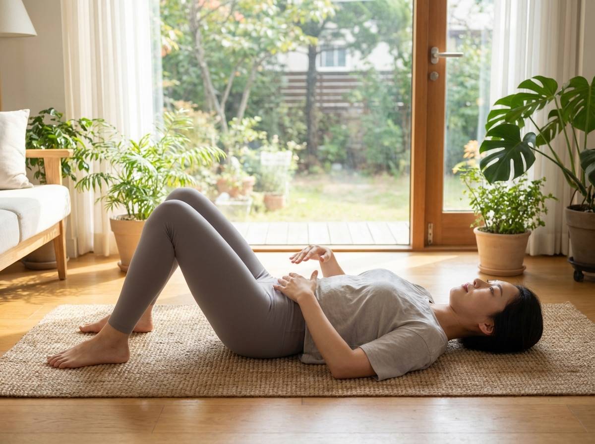 편안한 요가복을 입은 여성이 바닥에 누워 배를 시계 방향으로 마사지하는 모습