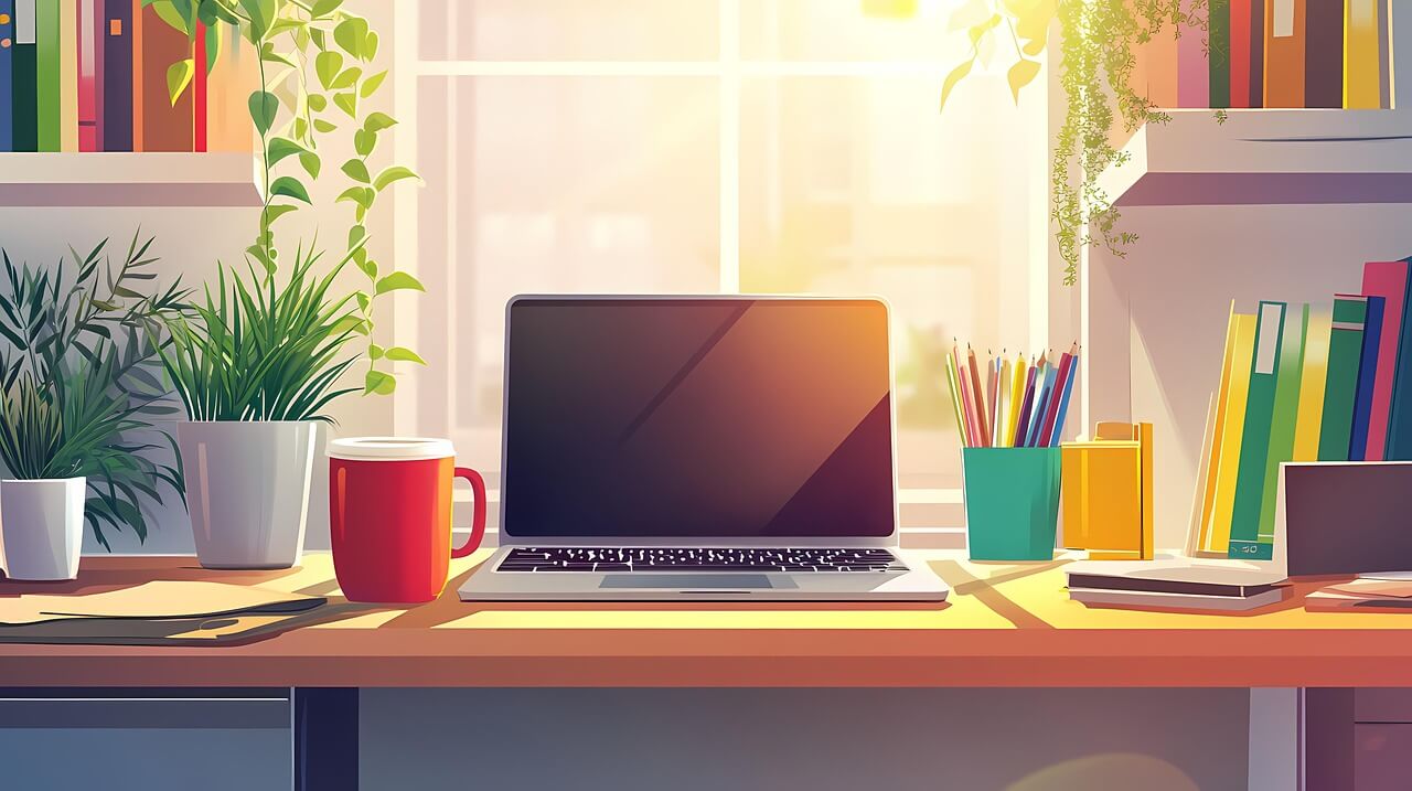 밝은 빛이 들어오는 창문이 있는 책상 위 노트북과 연필통 커피잔 책꽂이 작은화분이 정돈되어 있는 일러스트