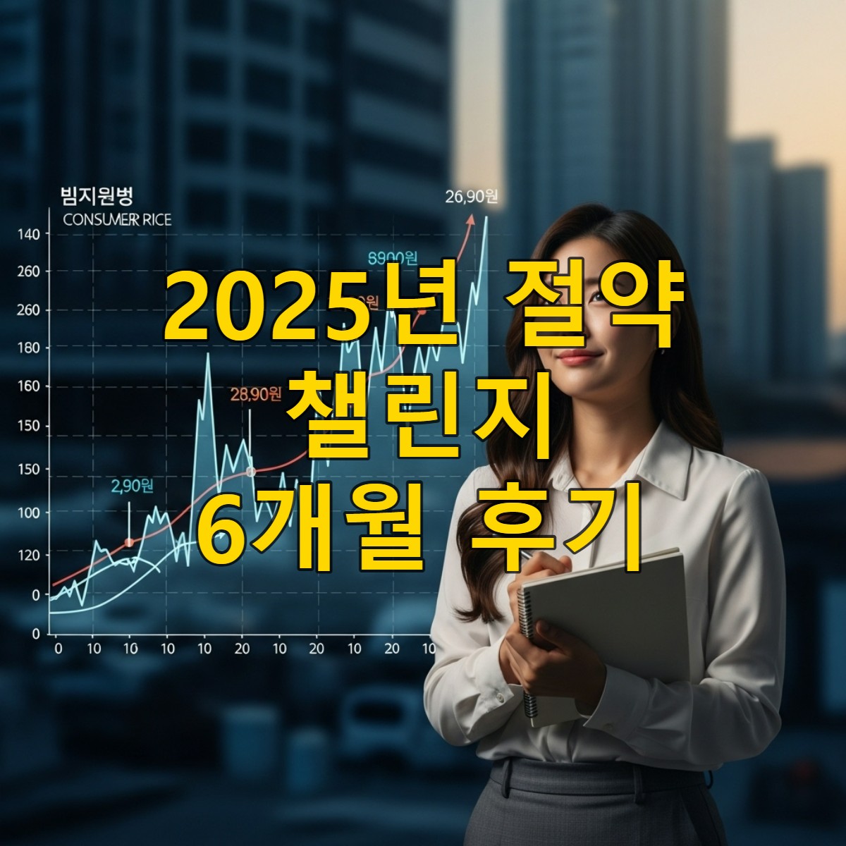 2025년 인플레이션 시대, 생활비 절약 챌린지에 도전하는 한국인 여성의 결연한 모습.