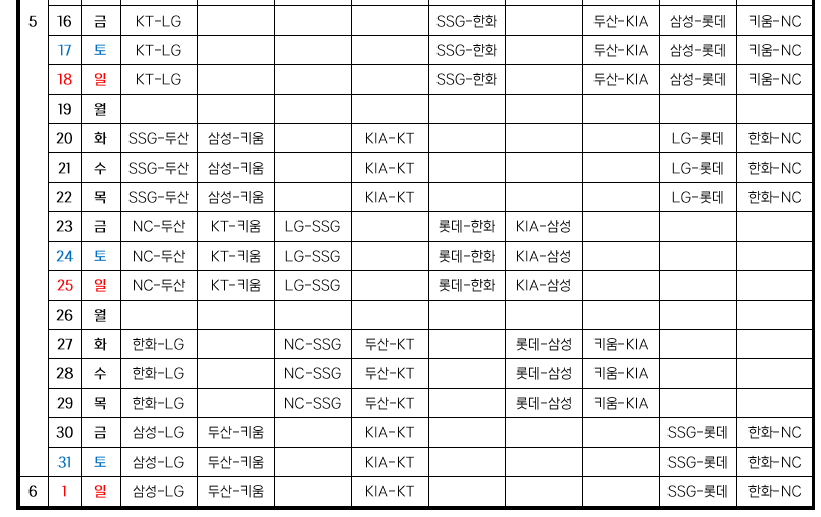 2025 프로야구 정규시즌 일정 5월말