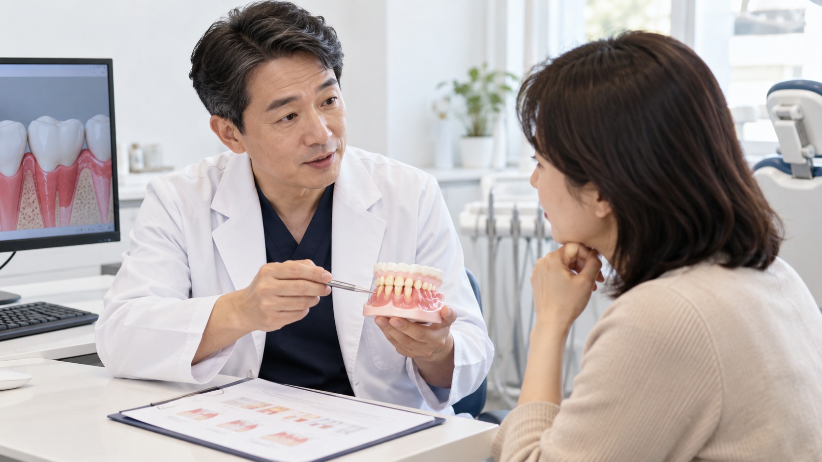 치과 의사가 치아 모형을 보여주며 잇몸치료 계획을 설명하는 상담 장면