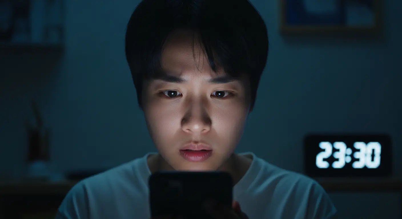 밤늦게 스마트폰과 시계를 보며, 비대면 당일대출 입금 시간을 초조하게 걱정하는 한국인