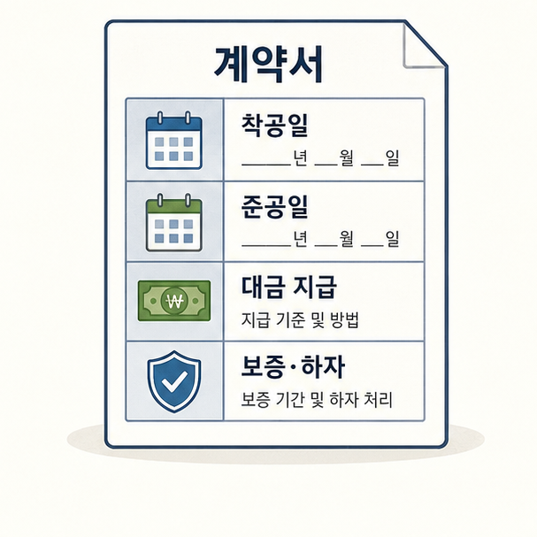 착공일&middot;준공일&middot;대금 지급&middot;보증&middot;하자 항목을 정리한 계약서 이미지