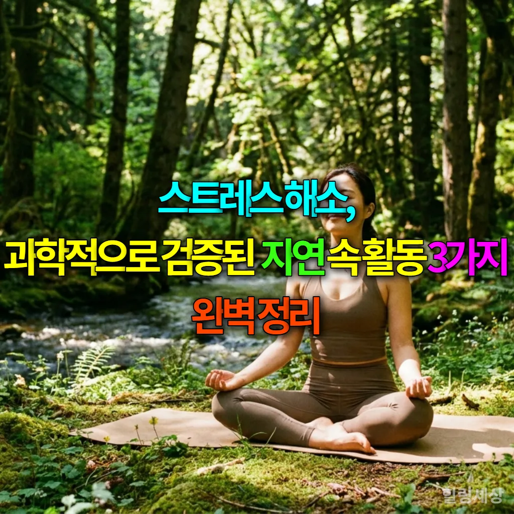 숲 속에서 명상하는 여성의 모습