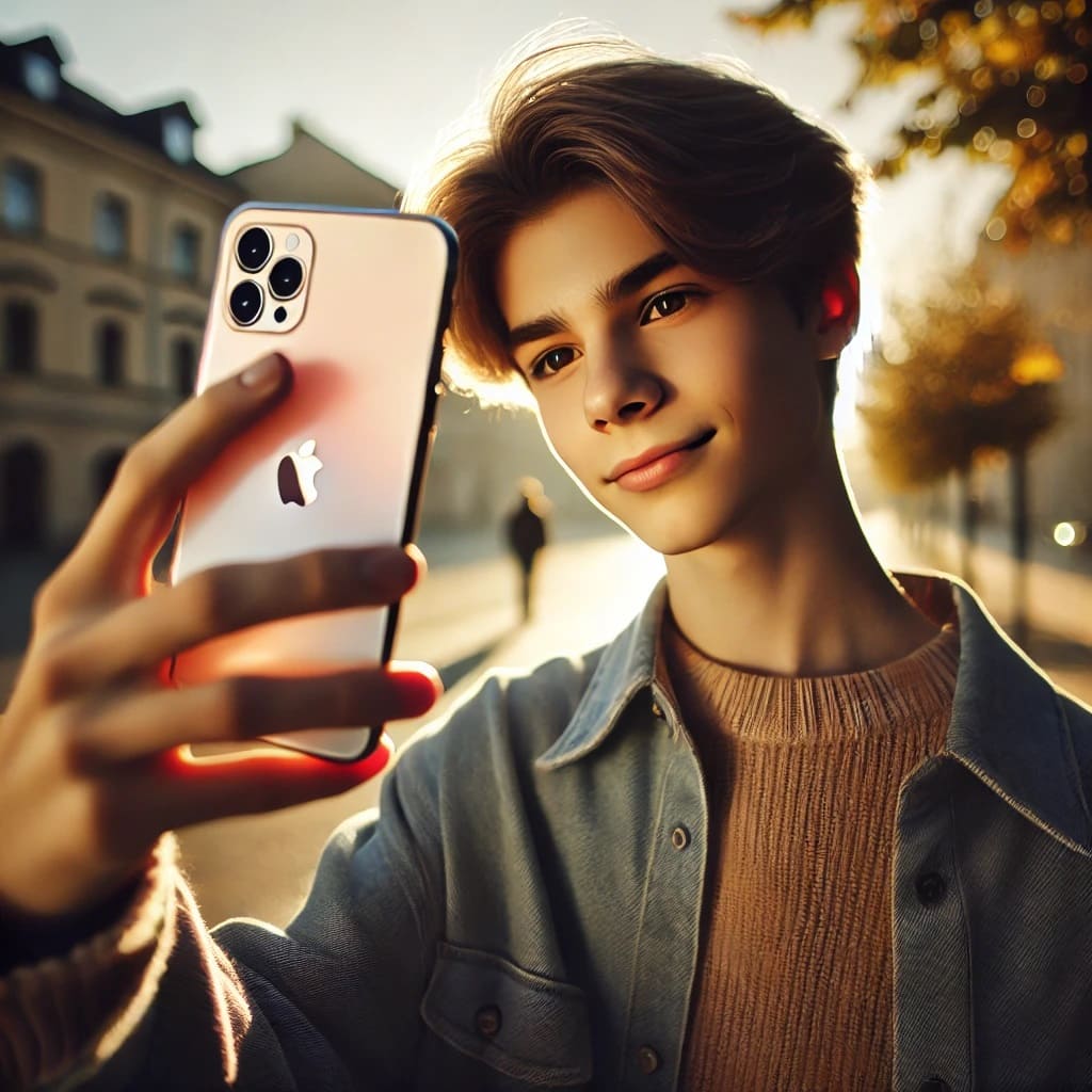 아이폰17 프로로 셀카를 찍는 감성적인 소년