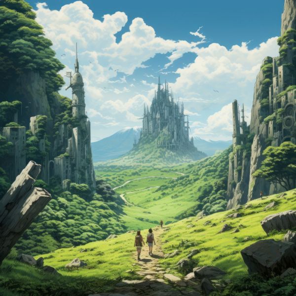 애니메이션 이미지(산속을 걷는 사랃들 모습)