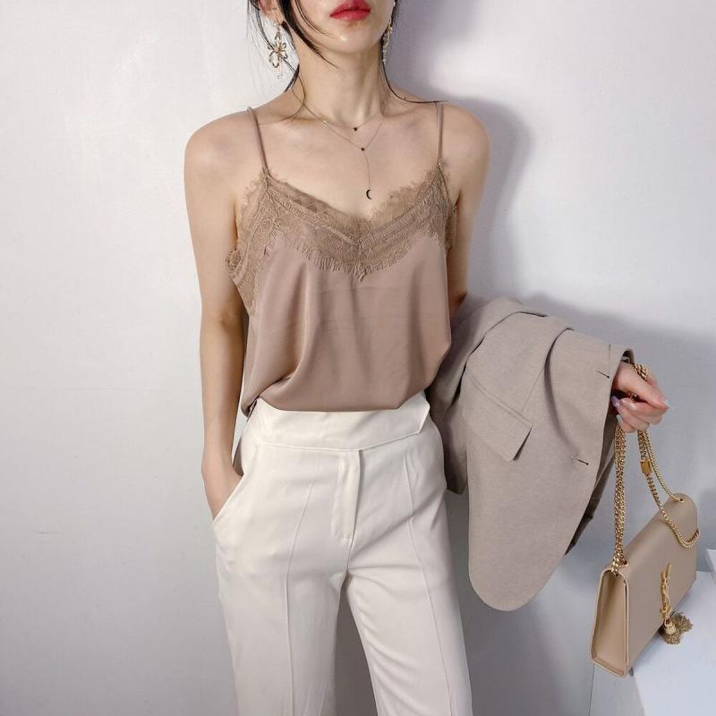 르 새틴 실크 레이스 끈 나시 민소매 슬리브리스