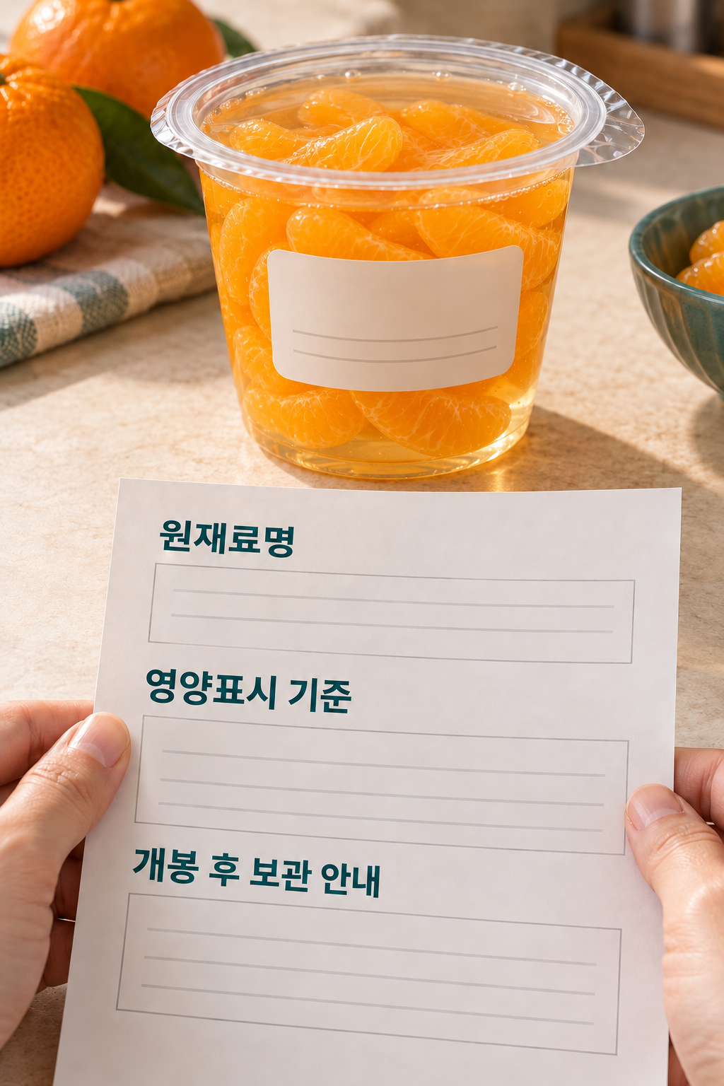 귤 과육이 든 과일컵 옆에서 원재료명과 표시 기준을 확인하는 장면