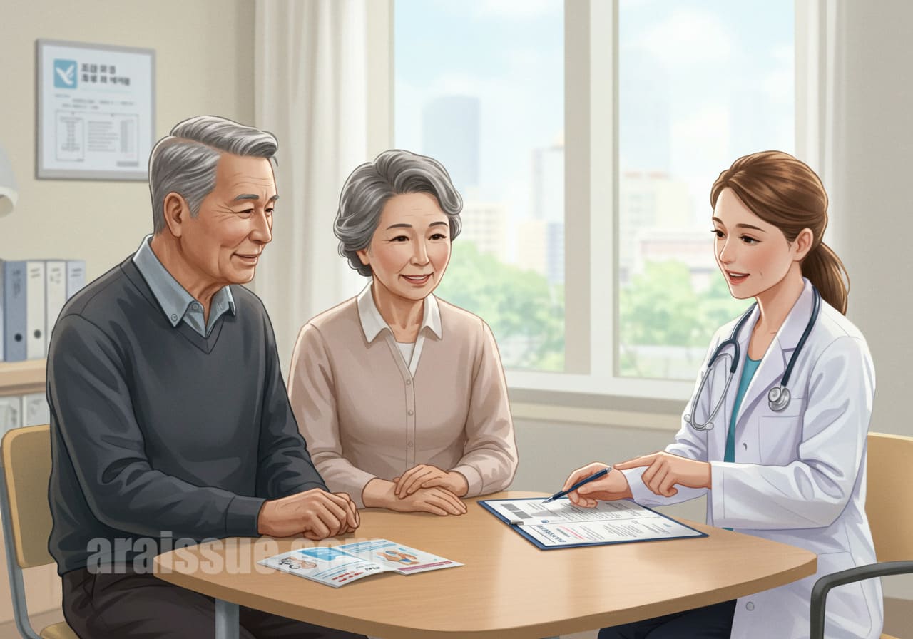 의사와 함께 당뇨 관리 방안을 논의하는 65세 이상 환자