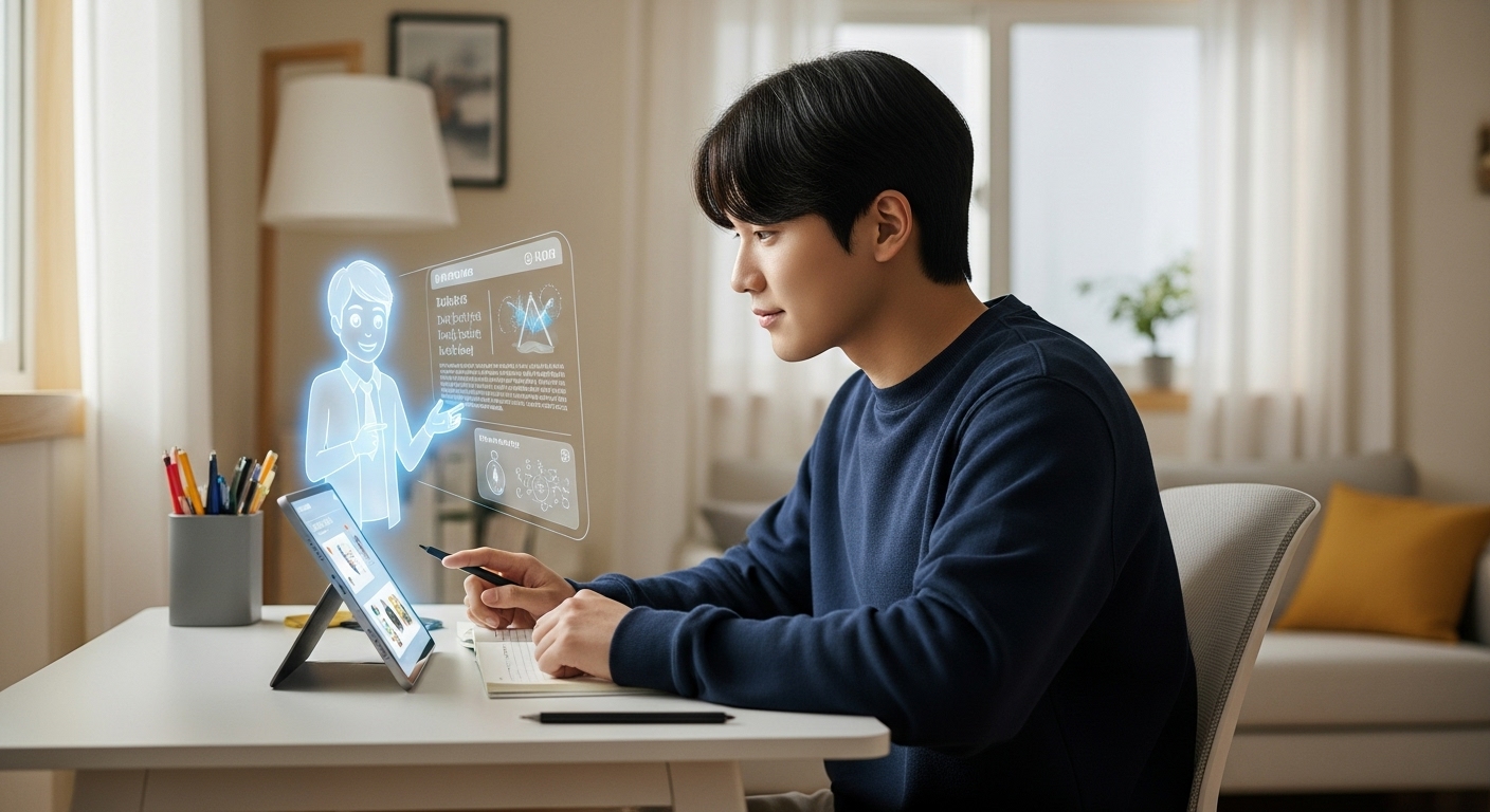 AI 튜터와 함께 복잡한 개념을 학습하며 이해하는 한국인 남학생의 모습