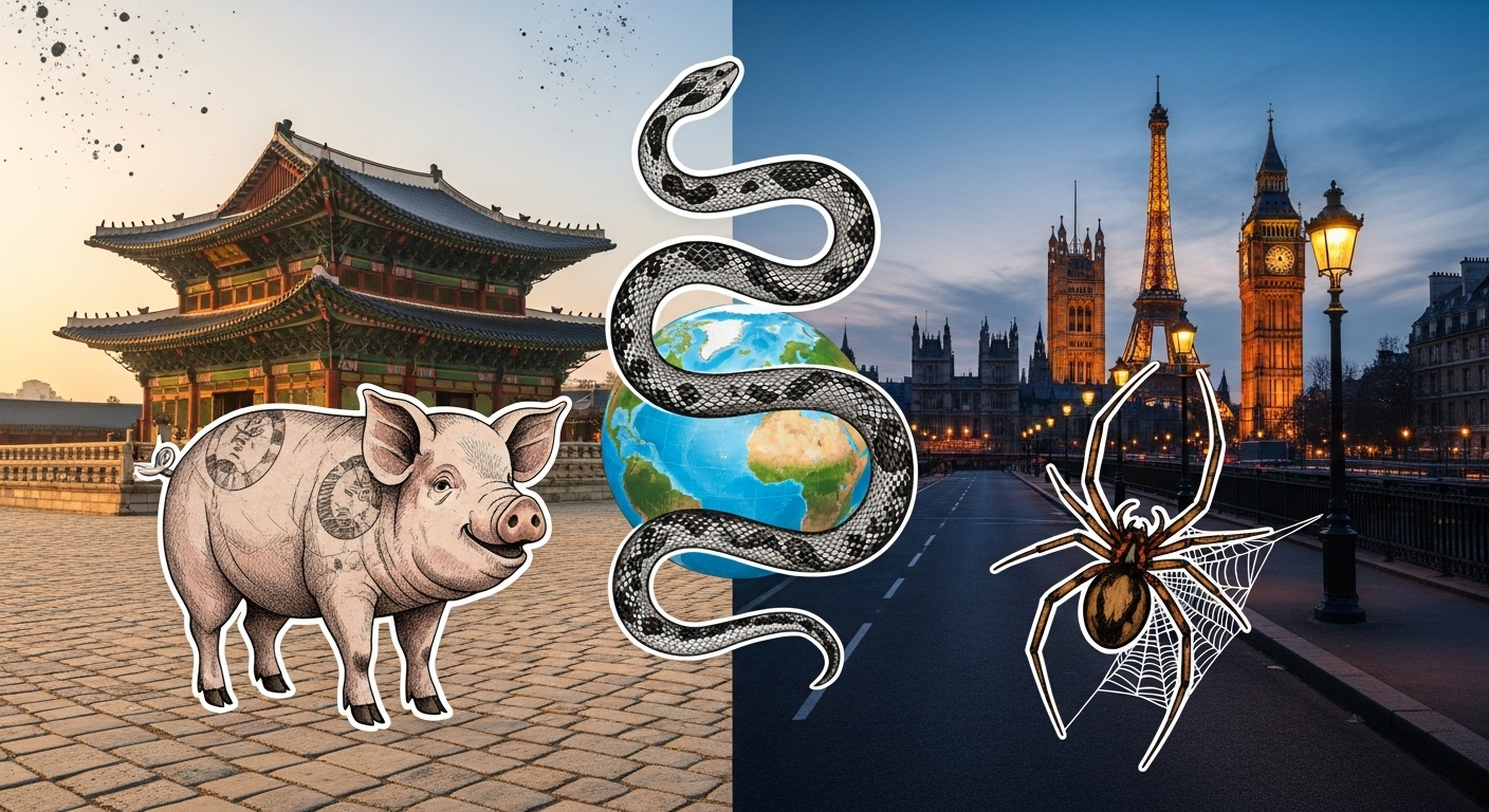 동양과 서양의 배경을 중심으로 돼지, 뱀, 거미 등 문화마다 다른 꿈 상징을 나타내는 대표 이미지