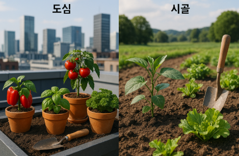 도심 vs 시골 식물 재배 사진