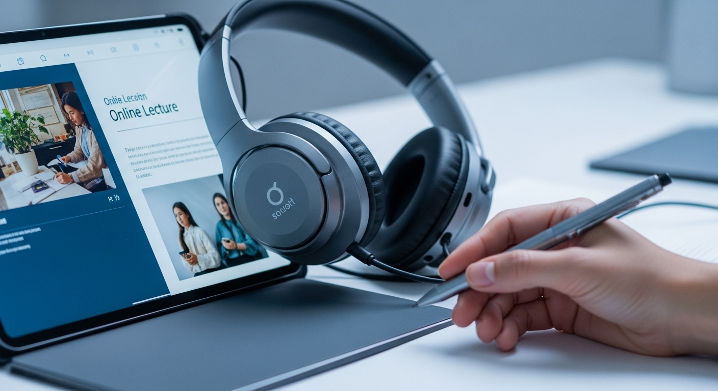 인강이 재생되고 있는 태블릿과 노이즈 캔슬링 헤드폰, 스마트 펜이 놓인 깔끔한 책상.