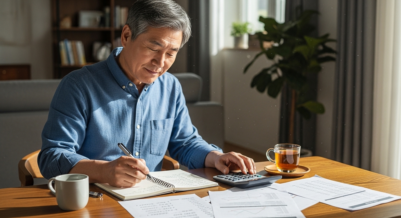 계산기와 노트를 놓고 국민연금 수령 시나리오를 정리하는 60대 남성