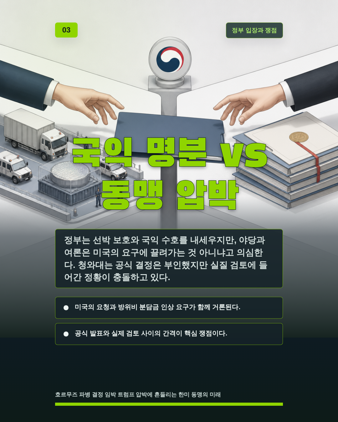 국익 명분 vs 동맹 압박