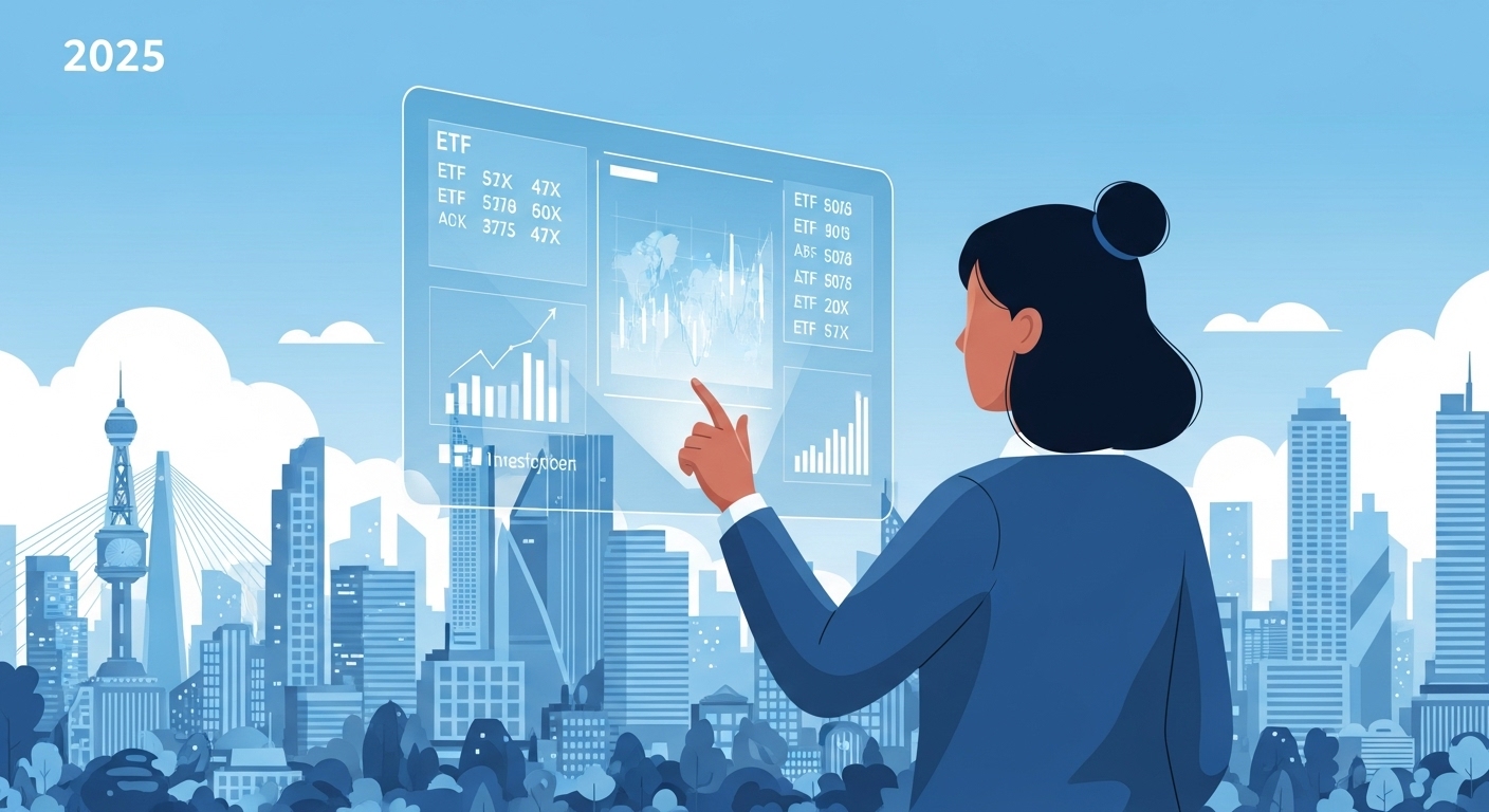 2025년 ETF 투자와 미래 금융 시장의 트렌드를 보여주는 현대적인 이미지. 다양한 금융 차트와 ETF 티커를 보여주는 홀로그램 화면을 자신감 있게 바라보는 투자자의 모습.