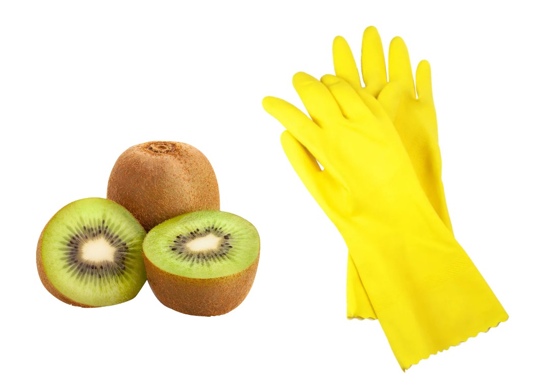키위와 고무장갑을 함께 보여주는 라텍스-과일 교차반응 상징 이미지