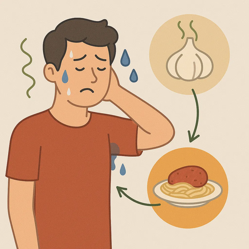 마늘과 음식이 땀 냄새에 영향을 주는 과정을 표현한 일러스트