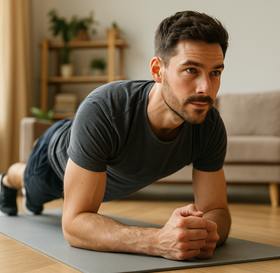 집에서 플랭크 자세로 운동하고 있는 남자