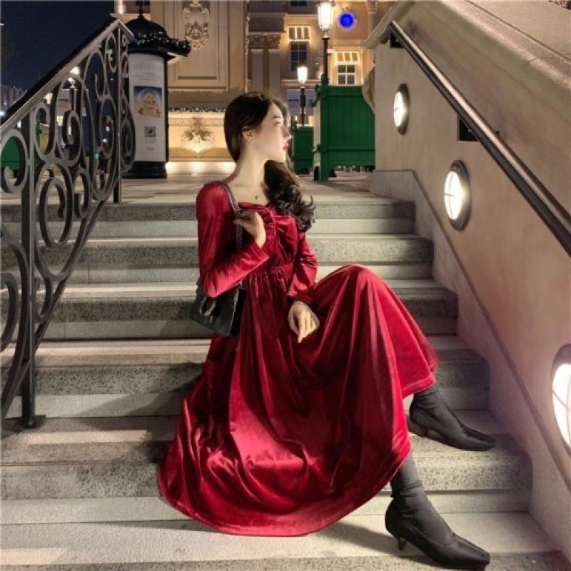 제너 크리스마스 벨벳 밴딩 롱 원피스,빨간 연말 파티 겨울 하객 룩