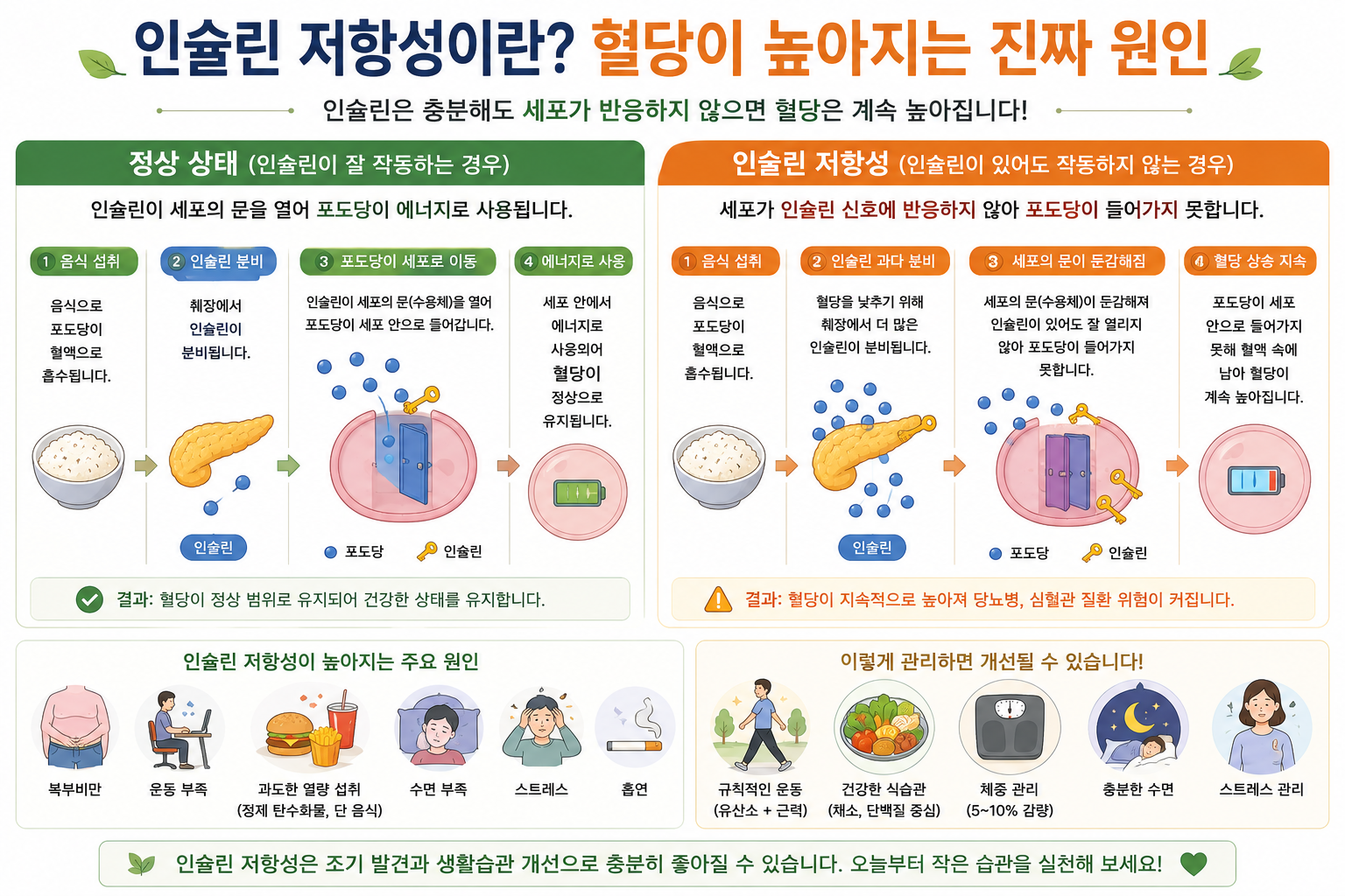 인슐린 신호에 대한 정상 반응과 둔해진 반응을 열쇠와 문으로 비교한 그림