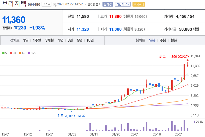 브리지텍-주식-차트