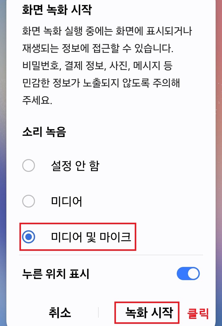 화면 녹화 시작 창 보임