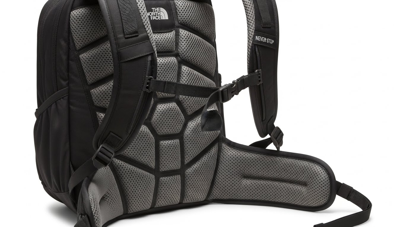 통기성이 좋은 에어 메쉬 소재가 적용된 노스페이스 백팩의 등판과 두툼한 어깨 패딩 상세 샷