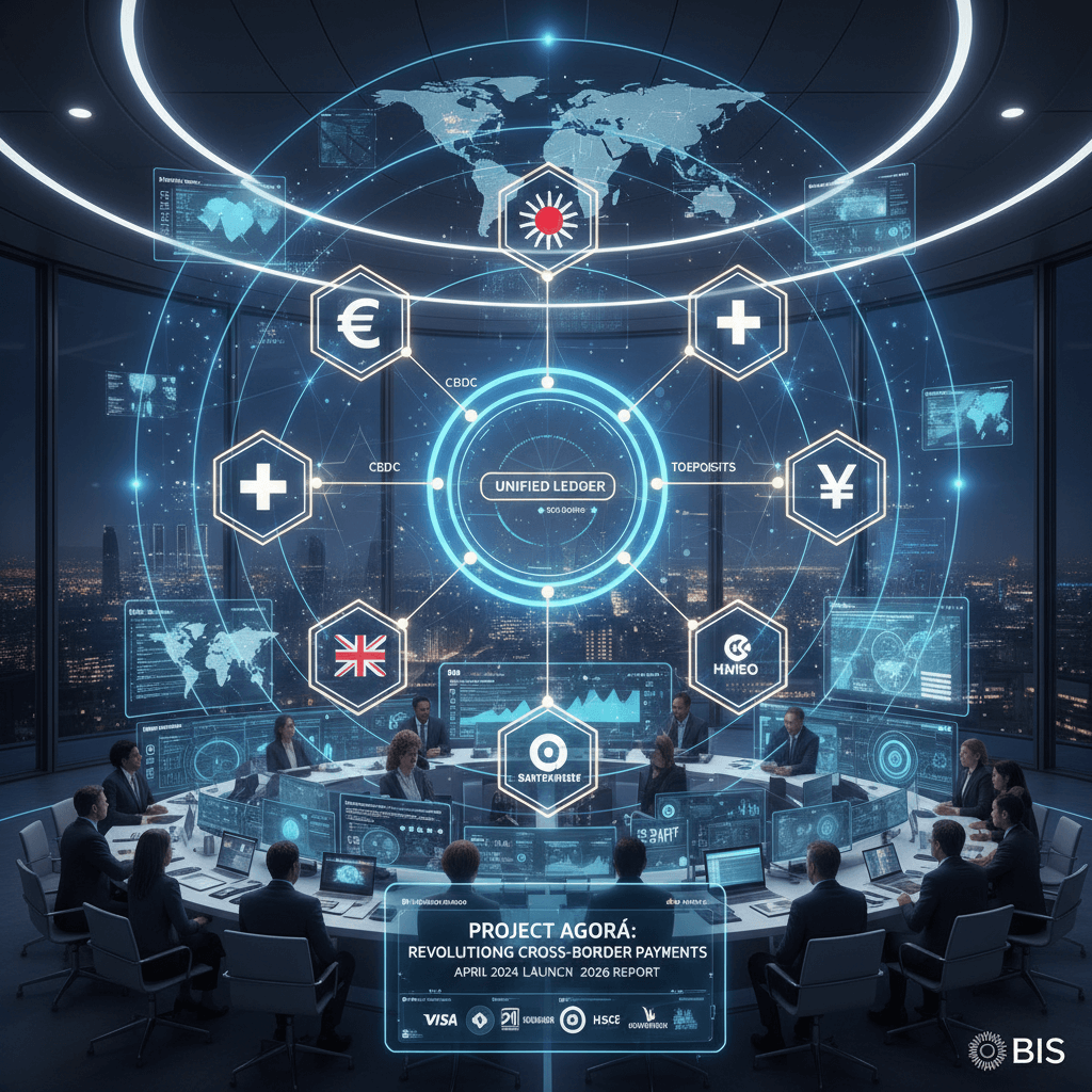 미래 회의실에서 글로벌 통일 원장 시스템과 국경 간 결제를 논의하는 장면