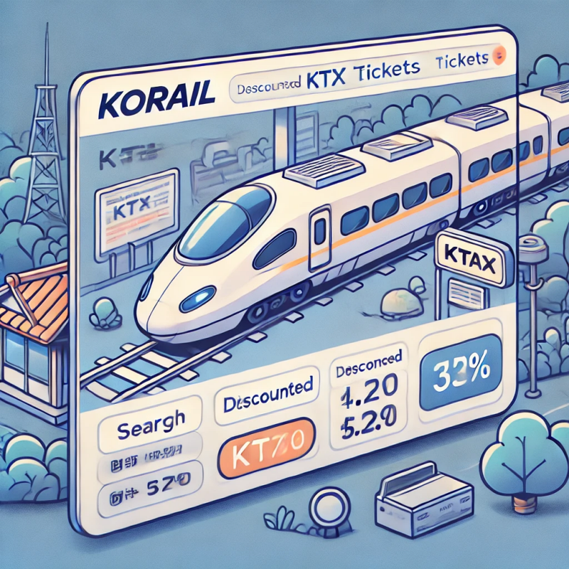 코레일 홈페이지에서 할인된 KTX 티켓을 검색하고 예약하는 인터페이스를 보여주는 깔끔하고 전문적인 디자인