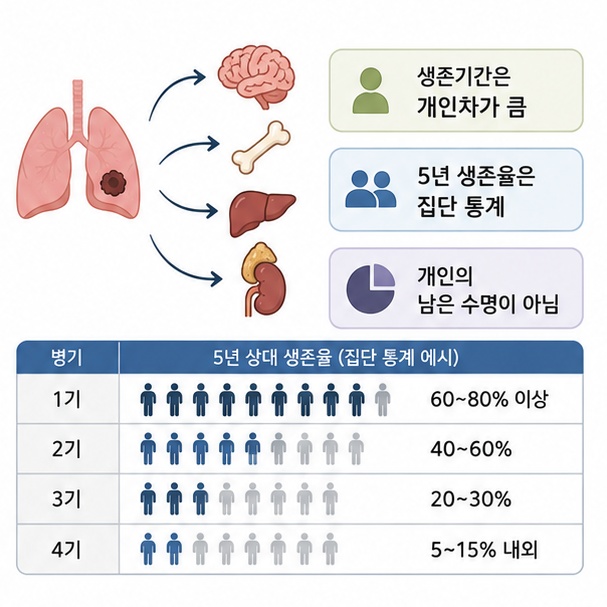 원격 전이 폐암의 생존율은 여러 환자를 모아 계산한 통계이며 개인의 남은 수명을 뜻하지 않음을 보여주는 그림