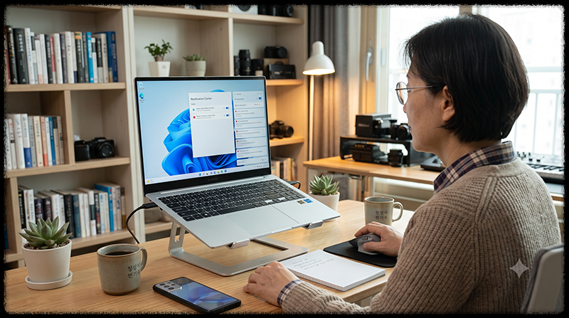 오류 해결 후 Windows 11 알림 센터가 정상적으로 열리고 알림이 정리된 모습