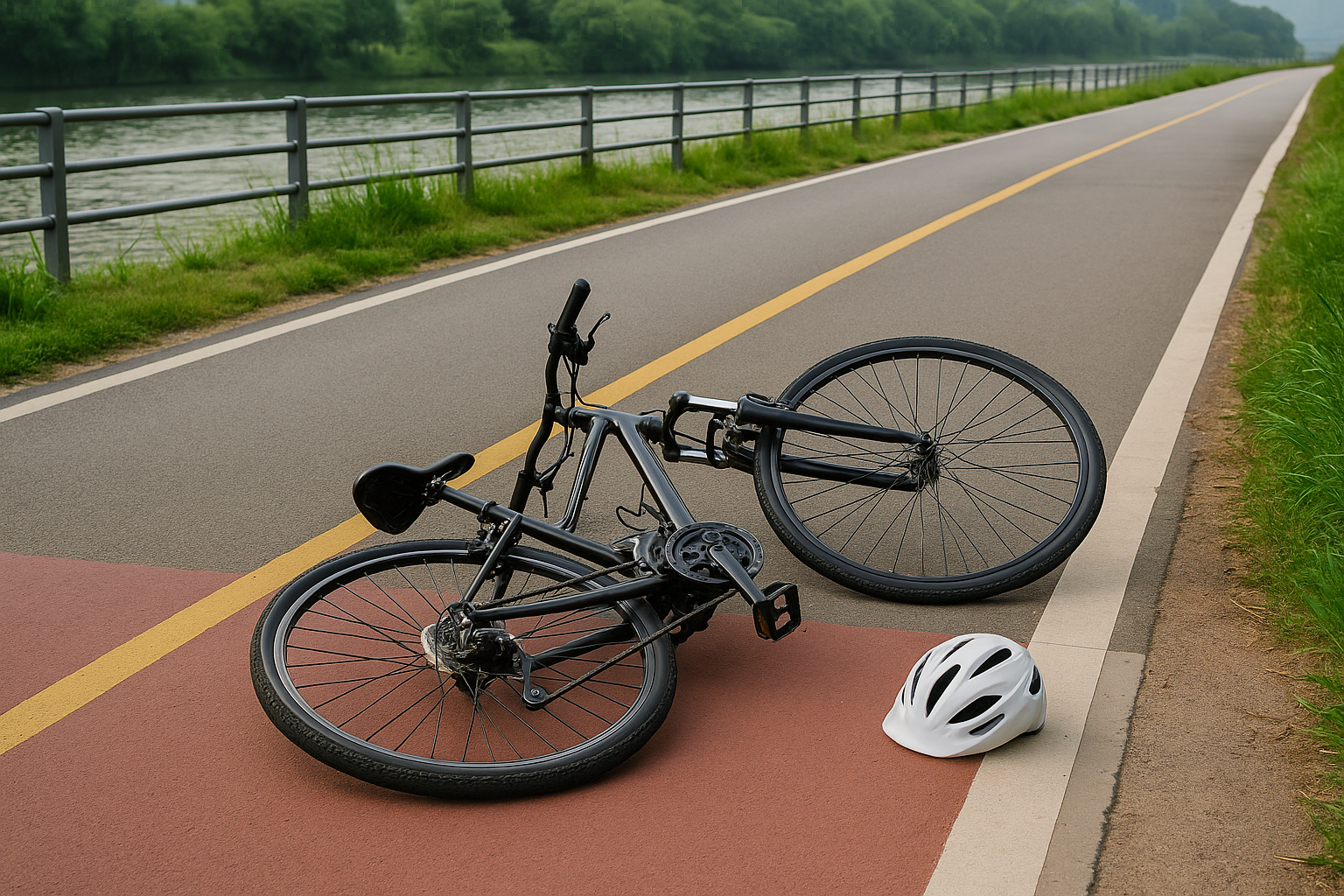 하천변 자전거도로에 쓰러진 자전거 모습, 충돌 흔적이 보이는 사고 장면