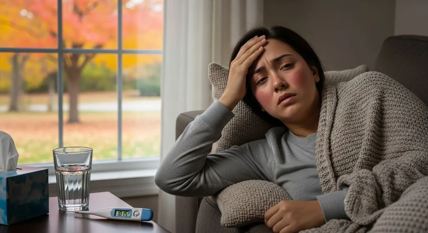 가을철-야외활동-후-발열과-두통을-겪는-사람의 모습