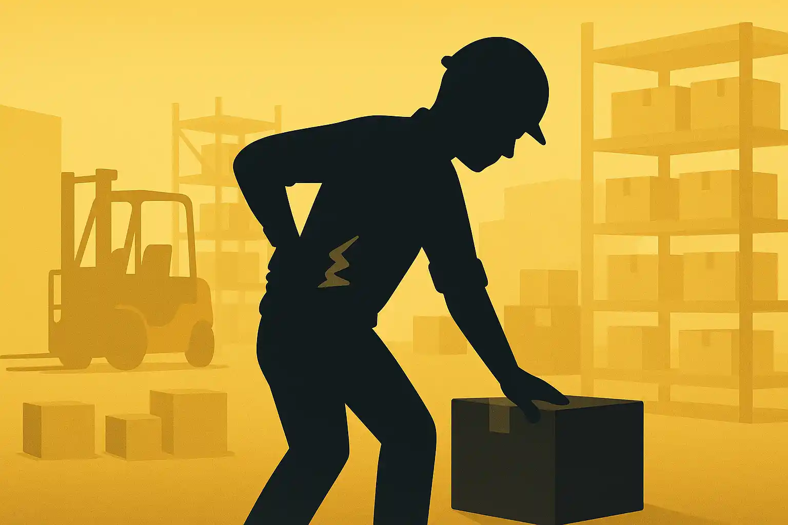 창고에서 허리를 부여잡고 있는 근로자의 실루엣 이미지