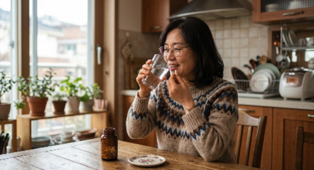 편안한 주방에서 유산균을 물과 함께 섭취