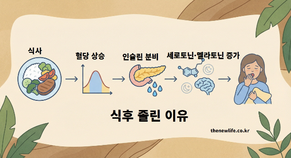 식후 졸린 이유 &ndash; 식사 후 혈당 상승과 인슐린 분비로 세로토닌&middot;멜라토닌이 증가해 졸음이 나타나는 과정