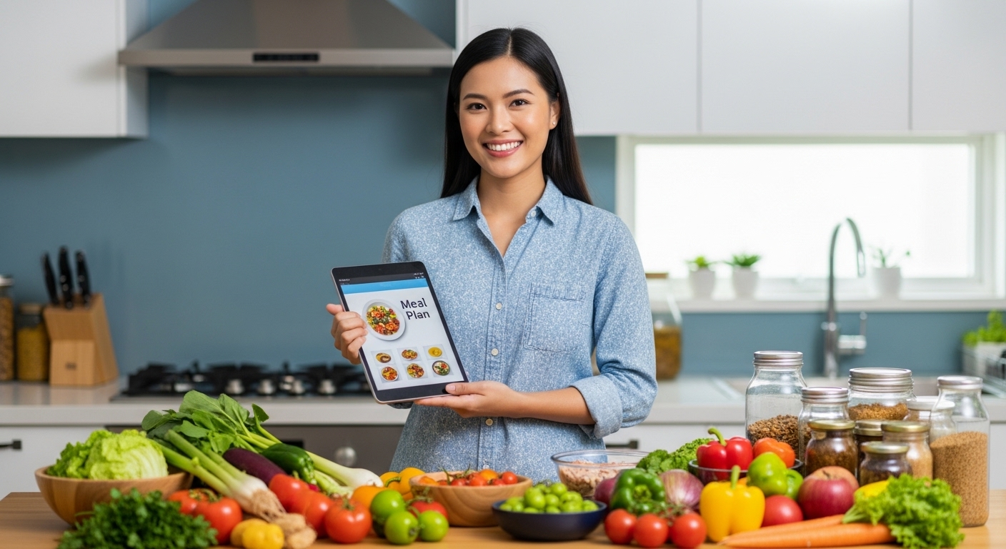 웃으며 식단 계획을 세우는 알뜰한 월급쟁이 주부의 모습. 신선한 채소와 함께 깔끔하게 정돈된 주방이 효율적인 생활을 보여줍니다.