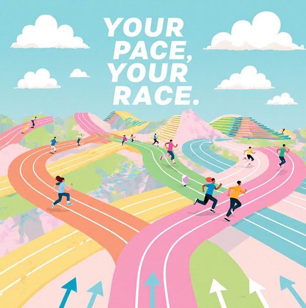 여러 개의 서로 다른 트랙이 있는 경주로를 위에서 내려다본 그림
각 트랙은 다른 색깔과 다른 경로를 가지고 있고 각 트랙마다 다른 속도로 달리는 작은 인물들이 있다.
모든 트랙이 다른 목적지로 향하고 있어 "성공의 다양성"을 표현 한다.