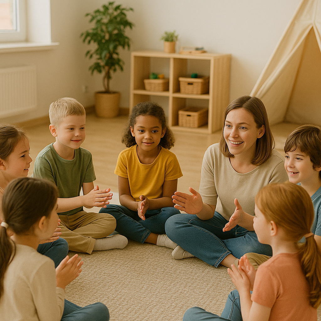 아이들과 선생님이 둘러앉아서 게임 규칙을 설명하고 함께 게임을 하고 있는 모습 사진