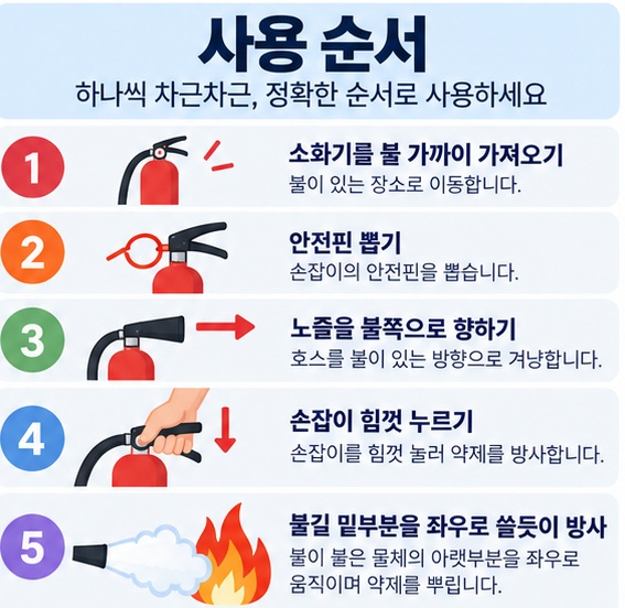 소화기 이동 안전핀 제거 노즐 조준 손잡이 누르기 좌우로 방사하는 순서를 보여주는 이미지