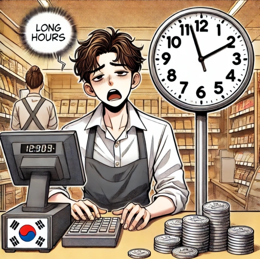 피곤한노동자가 계산기를 치고있고 시계가 있고 동전들이 많음