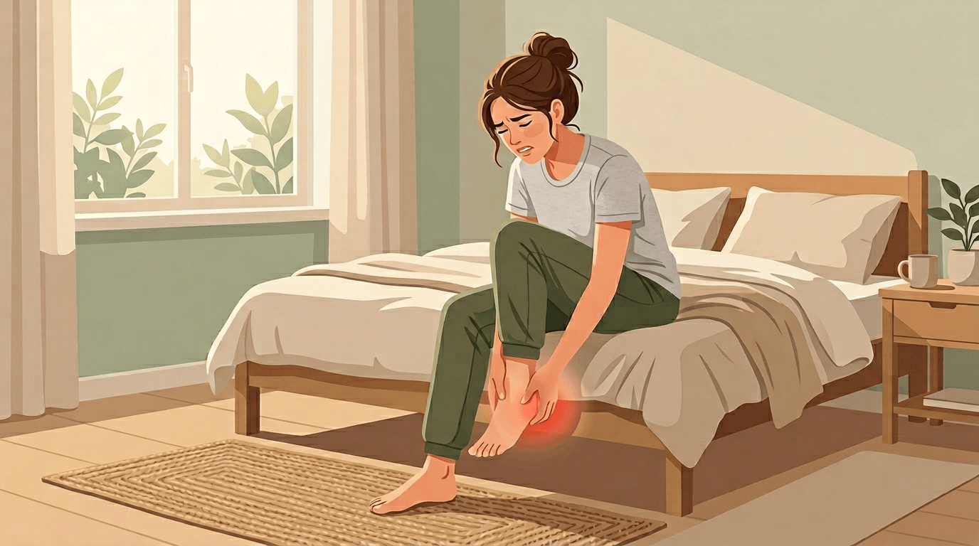 아침 발바닥 통증으로 첫걸음을 디디는 사람과 발뒤꿈치 통증 부위를 표시한 일러스트