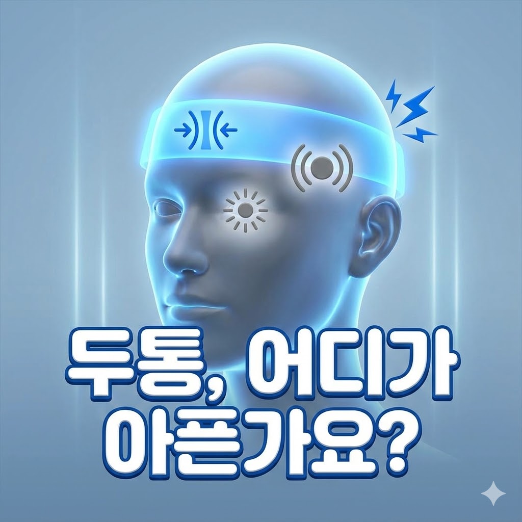 두통 부위별 의심 질환을 시각적으로 표현한 3D 카툰 일러스트: 이마, 관자놀이, 뒷머리 등 통증 부위가 강조되어 있고, '두통, 어디가 아픈가요?'라는 한글 문구가 쓰여 있음.