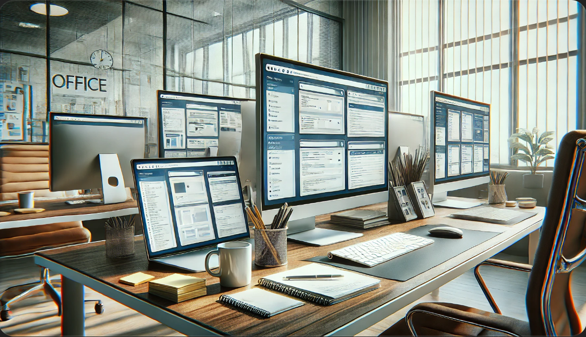 실제 사무실 환경에서 다양한 브라우저 창이 열린 컴퓨터 화면