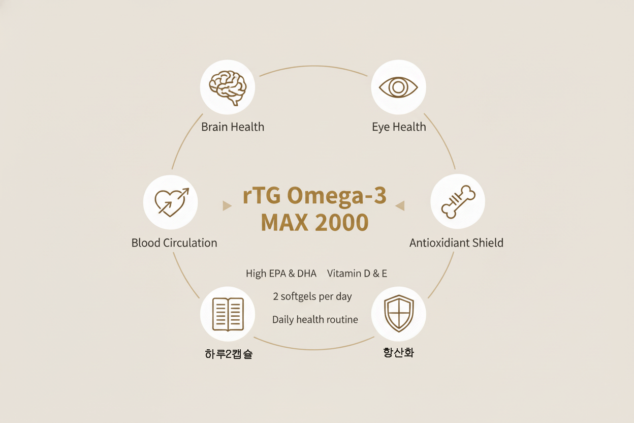 오메가3 MAX 2000 인포그래픽: 혈행·눈·뇌 건강, 항산화, 고함량 EPA·DHA, 비타민D·E, 하루 2캡슐