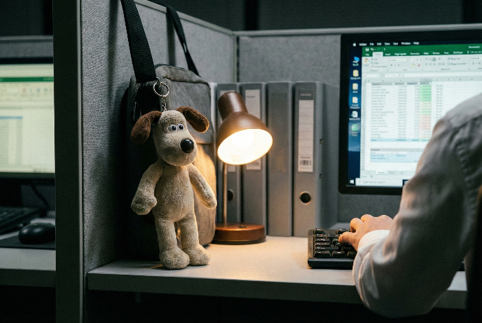 직장인들의 심리적 반려 대상이 된 오피스 내 인형 키링 연출.